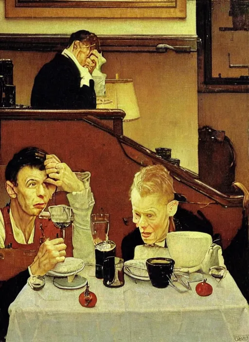 Image similar to A sad married couple having lonely dinner on a Saturday night painted by Marius Van Dokum, Norman Rockwell