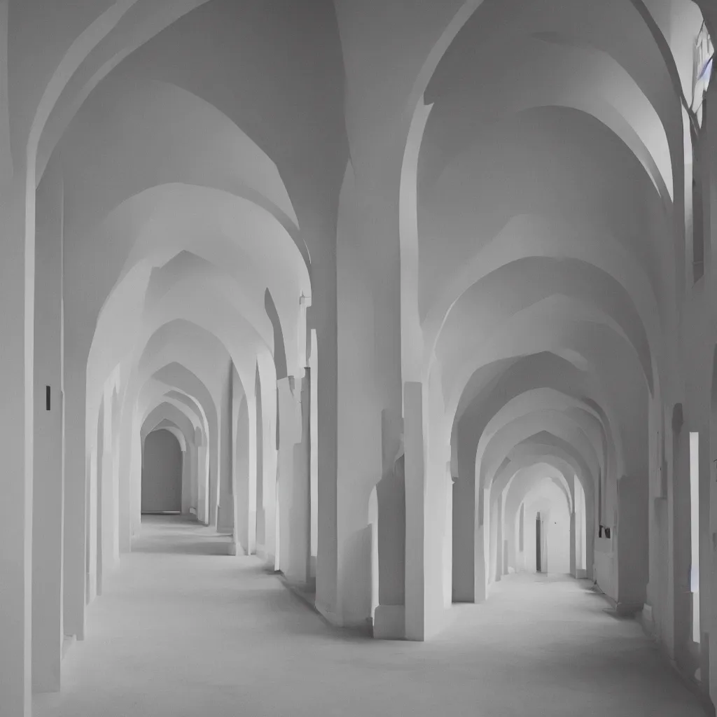 Prompt: photograph of a hallway with multiple arches, pastel hues, minimalist, 50mm, pentax, film