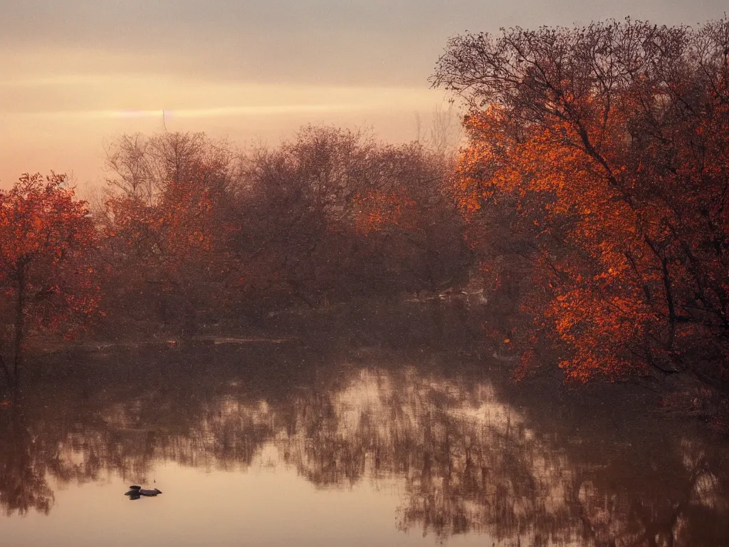 Prompt: rosy clouds fly with lone mallards side by side, autumn waters blend into the hues of th'vast sky, cinematic landscape ， on a snowy day, natural light, by xu beihong