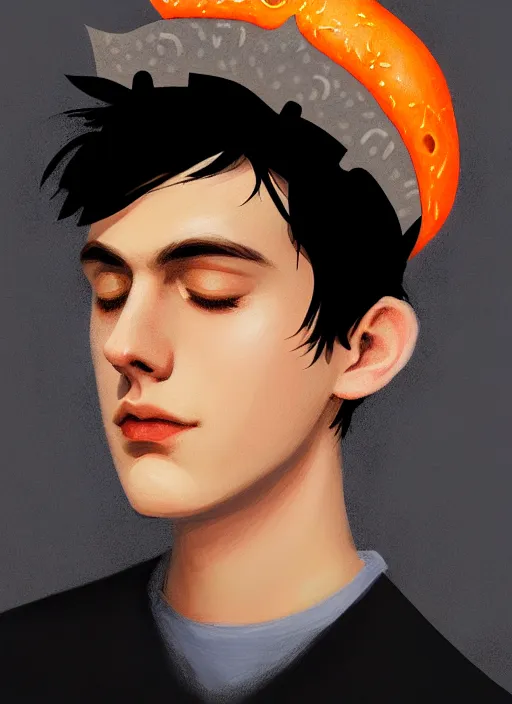 Image similar to portrait of teenage jughead jones wearing a light grey crown, crown, hamburger background, eyes closed, crown, black hair, orange, intricate, elegant, glowing lights, warm lighting, highly detailed, digital painting, artstation, concept art, smooth, sharp focus, illustration, art by wlop, mars ravelo and greg rutkowski