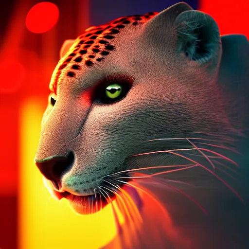 Prompt: closeup profile shot of a neon electric cheetah, city lights, strong bokeh, dramatic, cinematic, high contrast, octane render, cgsociety, 4k