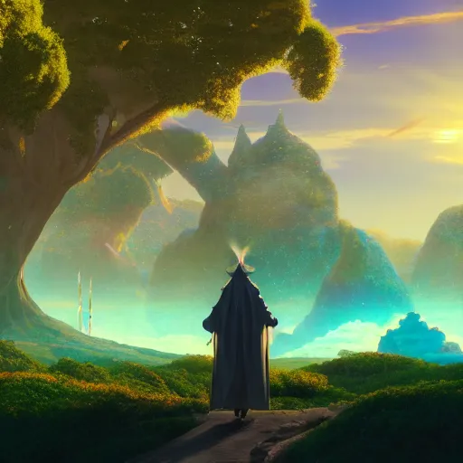 Image similar to a magical wizard in front of a big and mystical of a big and structured fantasy kingdom city, god rays, giant tree, portal to outer space Maxfield Parrish, digital art 8k, trending on artstation, anime, unreal engine