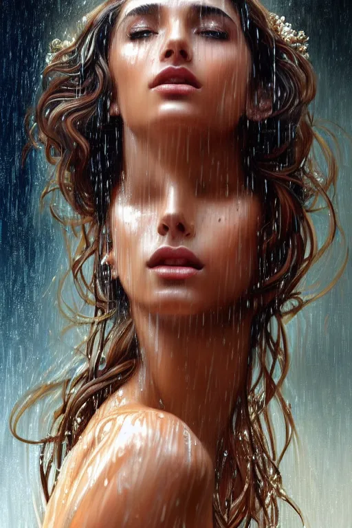 Image similar to portrait of beautiful greek goddess, looking straight up in pouring rain, soaking wet hair, by terry o'neill intricate, elegant, highly detailed, digital painting, glistening skin, artstation, concept art, smooth, sharp focus, bright lighting, illustration, art by artgerm and greg rutkowski and alphonse mucha, 8 k