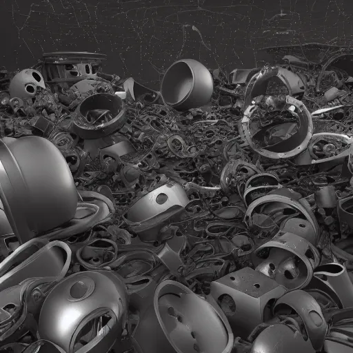 Image similar to a view from afar of a maelstrom of scrap metal in black, starless space, octane render