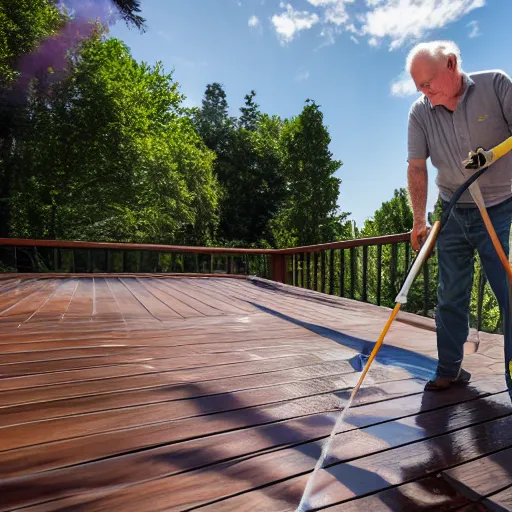 Image similar to john lithgow power washing his deck, ( sony a 7 r iv, symmetric balance, polarizing filter, photolab, lightroom, 4 k, dolby vision, photography awardm, voque, perfect face )