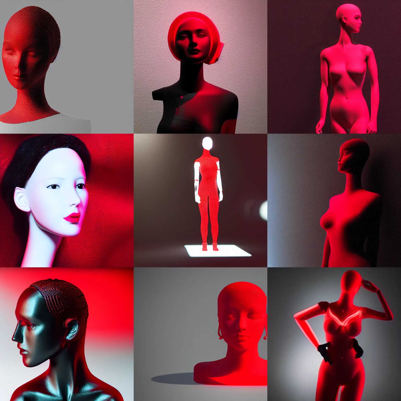 Prompt: “ a beautiful mannequin covered in red and black 3 d printed wavetable synthesis, 4 k, photorealistic, octane render, volumetric lighting, hyper detailed, ”