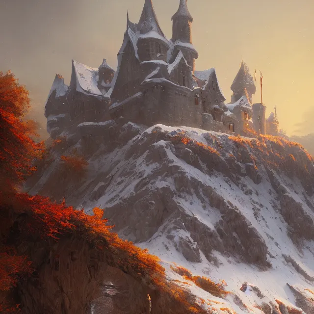 Prompt: a painting of a castle in the middle of a snowy mountain, a detailed matte painting by andreas rocha and greg rutkowski, autumn, fall colors, dusk, featured on artstation, fantasy art, matte drawing, matte painting, artstation hq