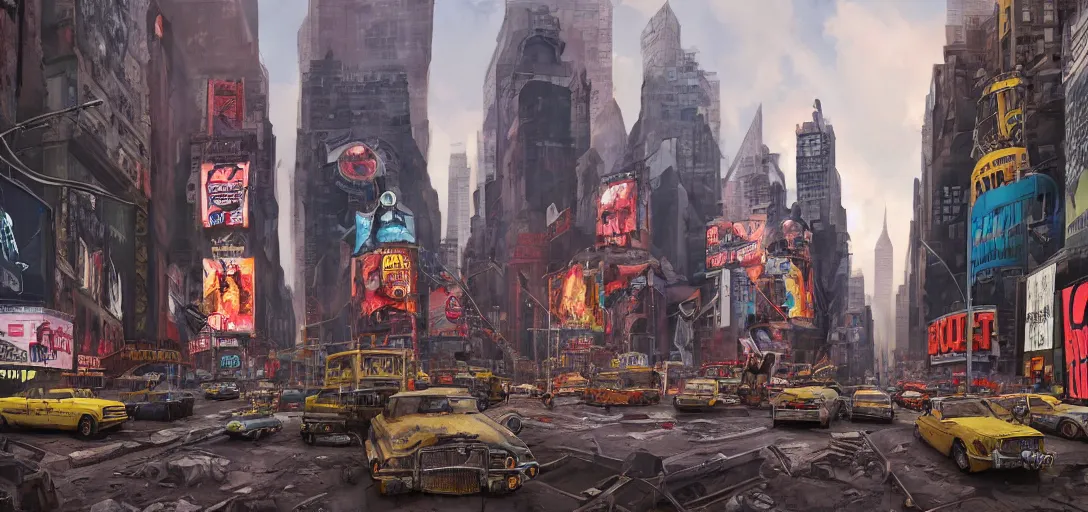 Prompt: Fallout New York Times Square Concept Art, vibrant colors, 8k photorealistic, HD, high details, trending on artstation