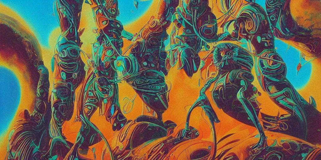 Prompt: colourful afrofuturist biomorphic opart, 6 0 s space age design photography, future retro, creature god, temple, pascal blanche, roger dean, josh kirby, greg hildebrandt, donato giancola, beksinski, sci - fi, 8 k