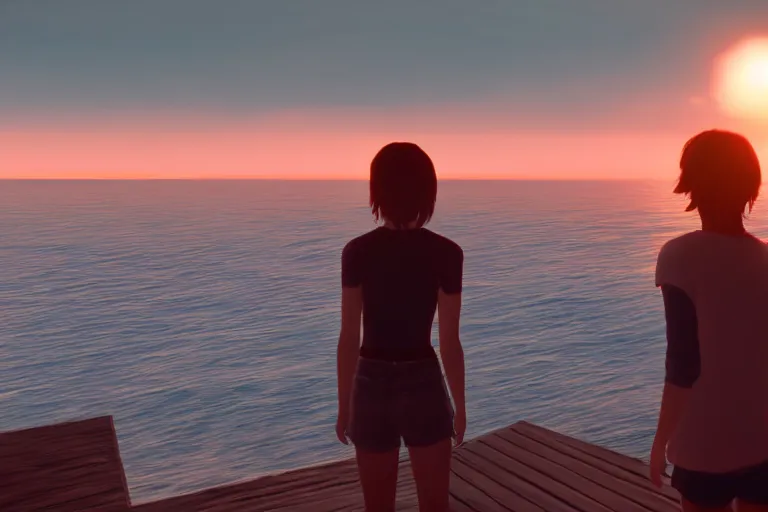 Prompt: a photo of max caulfield watching sunset on the sea, hyperrealistic, cinematic, 8 k, highly detailed, ue 5