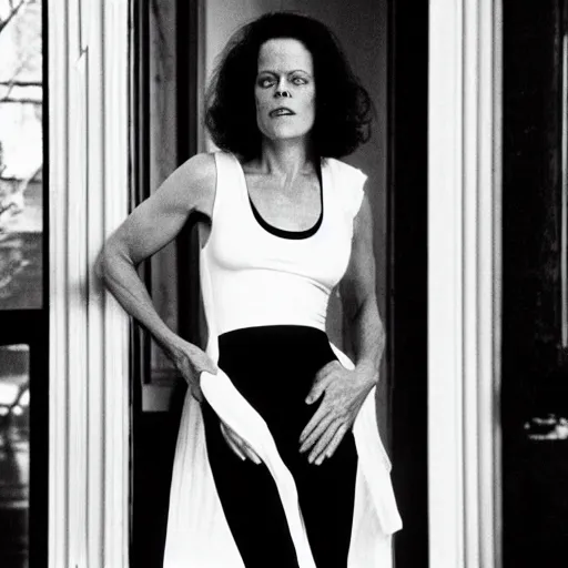 Image similar to detailed still of Sigourney Weaver wearing a white singlet and her cat moving apartment New York City 1983, gothic building entrance way Art Deco, cinematic feel, high octane