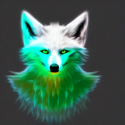 Prompt: digital white and green fox, retrowave palette, digital world, highly detailed, electric breeze, anatomically correct vulpine, synth feel, fluffy face, ear floof, flowing fur, super realism, accurate animal imagery, 4 k digital art