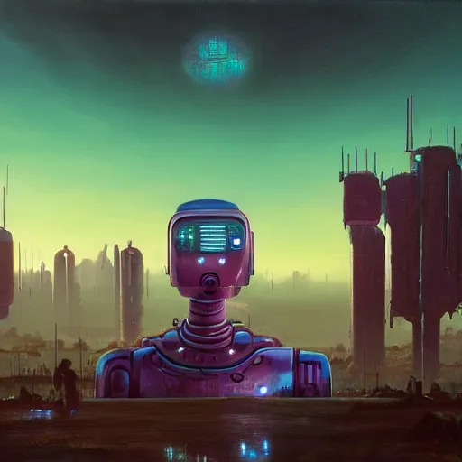 Image similar to a oil painting of Cyberpunk robot in eternal planet from No man’s sky by Simon Stålenhag, in style of fractal landscape by H.R. Giger,neonpunk, Sci-Fi, 8k, ultra detail, volumetric lighting, unreal engine, octane render, ultra realistic, max quality, epic 35 mm lens shot, photorealism