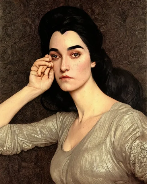 Prompt: portrait of a tall 4 0 - year - old woman with thin lips, long, lush black hair gathered on the head bun, and thick eyebrows, haughty facial expression, wearing in black clothes, aristocratic appearance, hyper realistic face, beautiful eyes, close up, fantasy art, in the style of greg rutkowski, intricate, alphonse mucha, hyper detailed, smooth