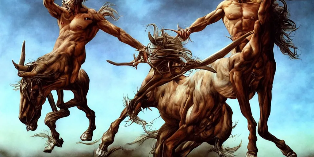 Image similar to centaur by gerald brom, hyper realistic,