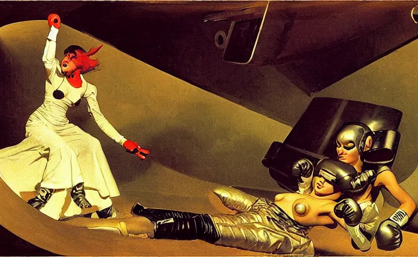 Prompt: boxing woman! and drag queen! on a space ship by carl spitzweg