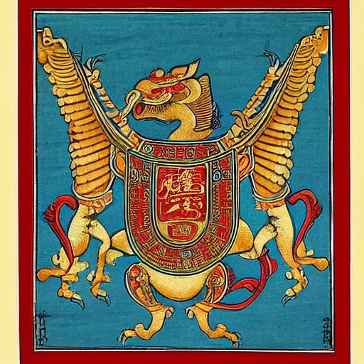 Prompt: “ asian heraldry, highly detailed, painted, realistic, historical, coat of arms ”