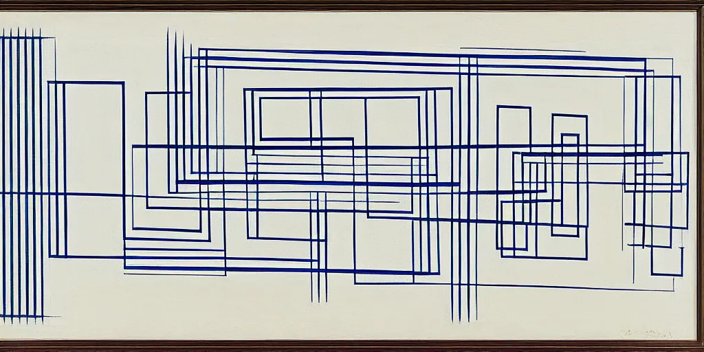 Image similar to blueprint of a clock, josef albers, brushstrokes, white lines, oil painting