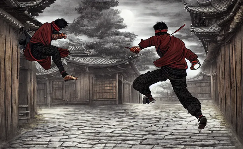 Image similar to highly detailed, high contrast digital illustration of ninja shinobi running parkour, in the in old, japanese village from sengoku period, cinematic lighting, raytracing, volumetric lighting