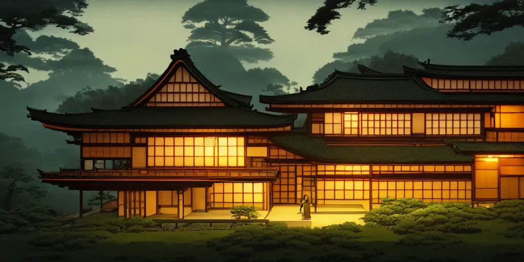 Prompt: twilight lighting, moody, atmospheric, solarpunk, old traditional japanese sleek modern mansion made of wood in a green garden, with a front porch, on the lonely hill by ghibli studio and victor ngai, ghost in the shell, akira, pixar highly detailed, 8 k h 5 7 6