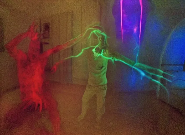 Prompt: horror demon evil transparent spirit attacks in living room interior coloured photo close shot on iphone, palm - prints, dynamic pose, sharp focus, grainy, corpse, paranormal, long exposure, cinematic light, flashlight, night, total darkness, poltergeist, aberrations,