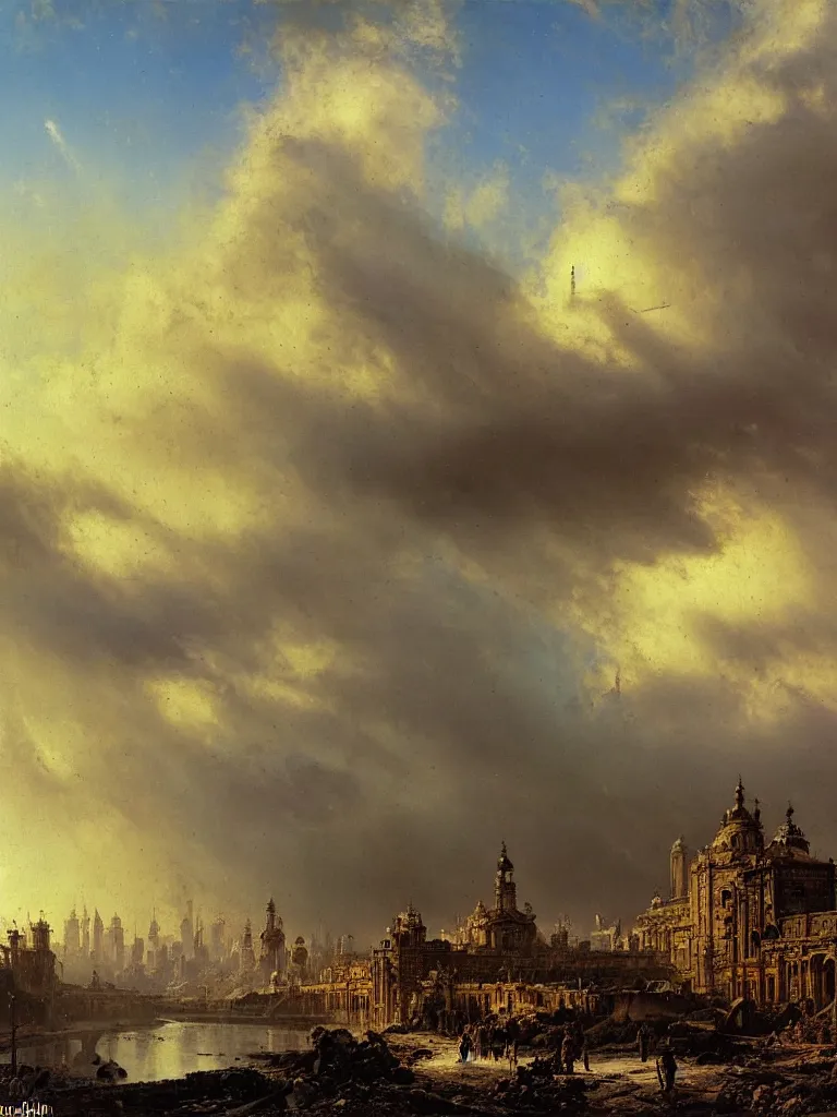 Prompt: post apocalyptic city by ivan shishkin and aivazovsky, oil on canvas, highly detailed, masterpiece