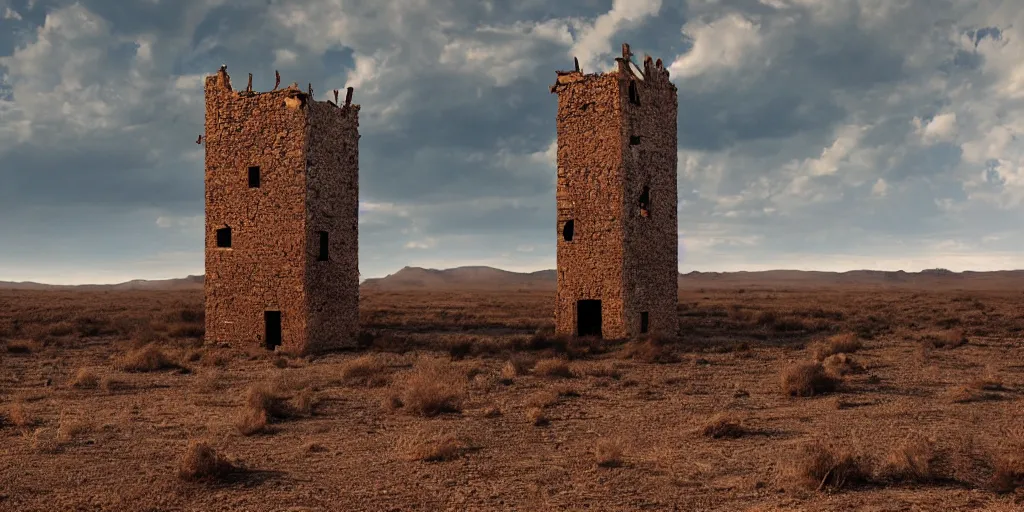 Image similar to an old decaying tower in the middle of a vast desert, fantasy, hyper realistic, atmospheric lighting, cinematic, 8k,