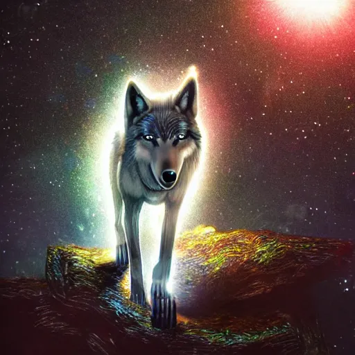 Prompt: a wolf made out of clear crystal with moon shining through it, fantasy art, high definition, lens flares