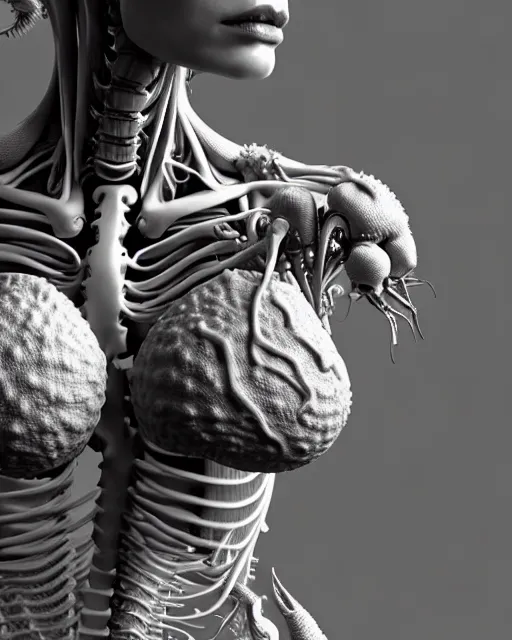 Image similar to raw bw 3 d redshift render flesh biomechanical intricate spinal ribbed jelly body detail of mechanical female vegetal - cyborg, beautiful insanely detailed, digital art, octane render, 8 k artistic photography, photo - realistic, unreal engine