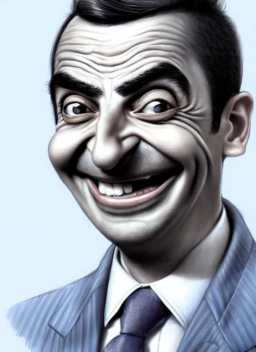 Image similar to highly detailed pencil sketch caricature portrait of smiling mr bean waiter by ross tran, by greg rutkowski, brush strokes, 4 k resolution, light blue pastel background