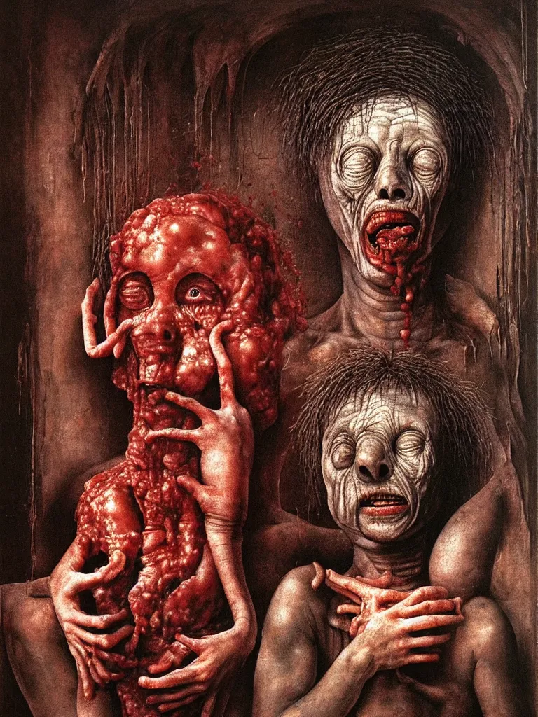 Image similar to a boy like eraserhead and elephant man sitting in a tub full of tomato sauce, inside an empty cathedral, looking straight into camera, screaming, by giuseppe arcimboldo and ambrosius benson, renaissance, a touch of beksinski and hr giger, realistic