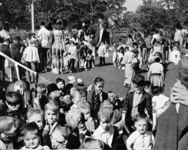 Prompt: an old photo of a crowded playground from the 1 9 5 0 s with slenderman in the background