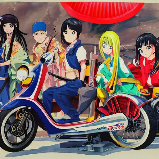 Prompt: anime painting of a japanese scooter meetup, 5 0 ccm, 7 5 ccm