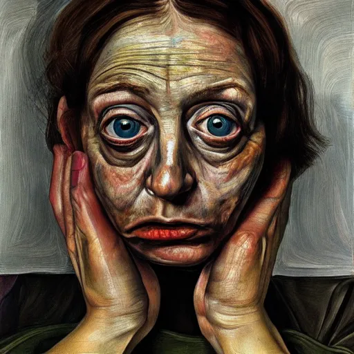 Image similar to high quality high detail painting by lucian freud, hd, scared woman, big eyes, vivid colors, photorealistic lighting