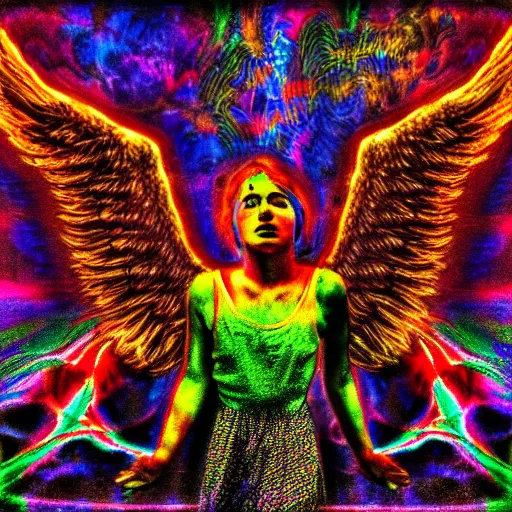 Image similar to lsd angel, trippy, hdr, dramatic lighting, photography