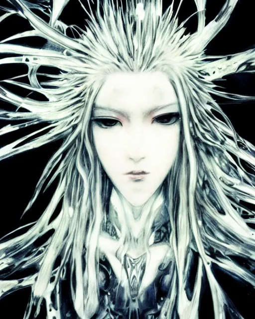 Image similar to Yoshitaka Amano realistic illustration of an anime girl with wavy white hair and cracks on her face wearing spiky crown and Elden ring armor with the cape fluttering in the wind, abstract black and white patterns on the background, noisy film grain effect, highly detailed, Renaissance oil painting, weird portrait angle