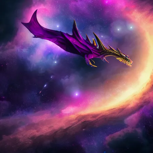 Prompt: a purple star galaxy dragon flying through nebulous space, trending on artstation, digital art, 4k, hyper realism, high detail, cinematic, cinematic lighting, high detail, realistic
