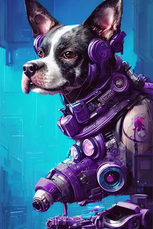 Image similar to a beautiful portrait of a cute cyberpunk dog by sandra chevrier and greg rutkowski and wlop, purple blue color scheme, high key lighting, volumetric light, digital art, highly detailed, fine detail, intricate, ornate, complex, octane render, unreal engine, photorealistic