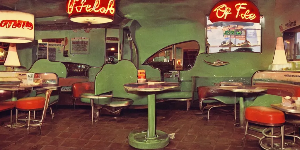 Image similar to friendly frog sipping coffee in a 1950's diner. old photograph. route 66. americana.