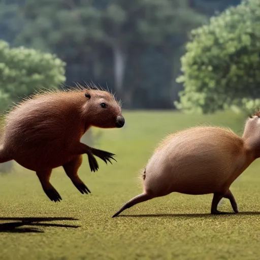 Image similar to capybaras vs emus, concept art, hyper realistic, beautiful, cinematography, 4k