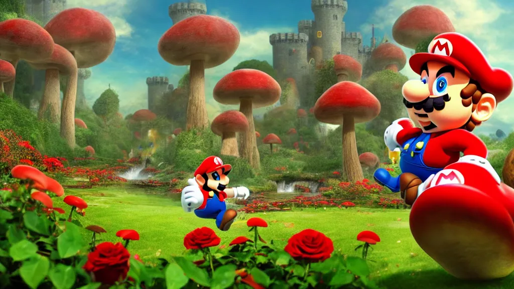 Prompt: mario stomping a goomba in the mushroom kingdom near the castle, exotic flora, giant roses, thousands of flowers, fantasy artwork, very very very beautiful scenery, hd, hdr, ue 5, ue 6, unreal engine 5, cinematic 4 k wallpaper, 8 k, ultra detailed, high resolution, artstation, award winning
