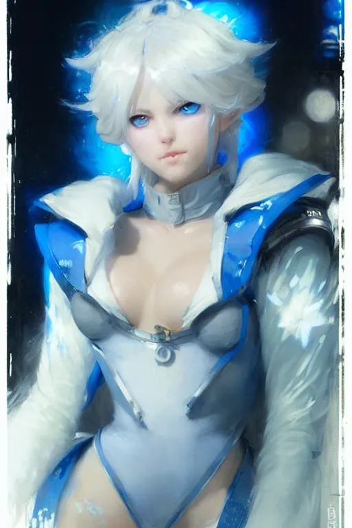 Prompt: white haired catgirl with bright blue eyes in a plugsuit portrait dnd, painting by gaston bussiere, craig mullins, greg rutkowski, yoji shinkawa