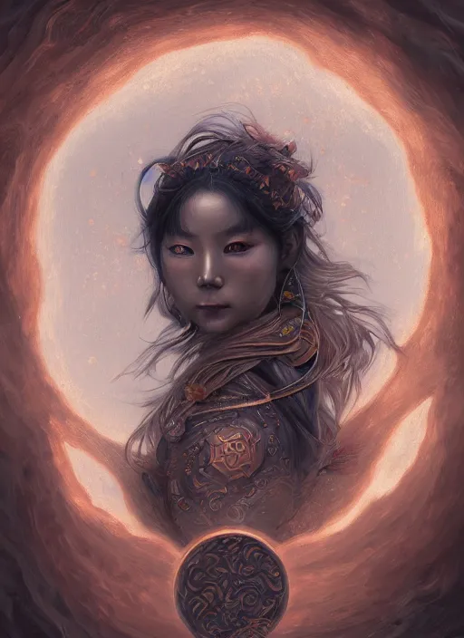 Image similar to a beautiful detailed oil on copper art illustration of a japanese kokushikijo mask woman, centered, by charlie bowater, zeng fanzh, trending on artstation, dim dusk lighting, cinematic lighting, detailed lighting, volumetric lighting, realistic, f 8, 4 k hd wallpaper