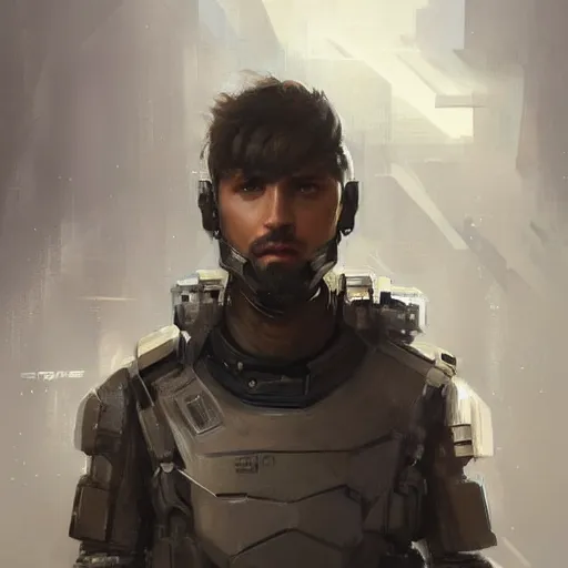 Image similar to Portrait of a man by Greg Rutkowski, he is about 20 years old, mixture turkish and russian, short dark blonde hair with bangs, attractive, angry but resigned look, he is wearing a futuristic tactical gear, highly detailed portrait, scifi, digital painting, artstation, concept art, smooth, sharp foccus ilustration, Artstation HQ.