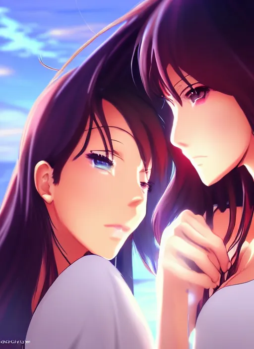 Image similar to two beautiful mothers out on a humid summer day, gorgeous faces, thick lines, cinematic lighting, detailed anime art