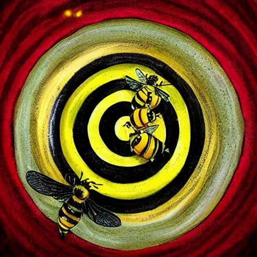 Prompt: a Wiccan ritual spell with a bumblebee placed in the middle of a bloody bullseye, fantasy illustration