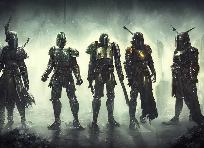 Image similar to a group of medieval cyberpunk knights in a scenic environment, armor inspired by blade runner and boba fett, cybernetic implants, beautiful digital art, action pose, epic lighting, epic composition, sharp focus