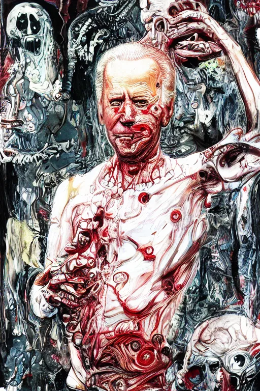 Image similar to Joe Biden full body shot, Body horror, biopunk, by Ralph Steadman, Francis Bacon, Hunter S Thompson