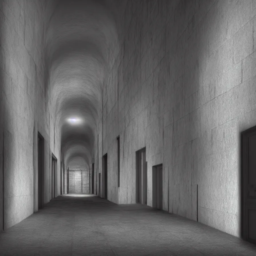 Prompt: dark and dim corridor, haunted, long exposure, detailed, hyper realistic, photorealism, ultra wide angle view, cinematic, peaceful, volumetric lighting