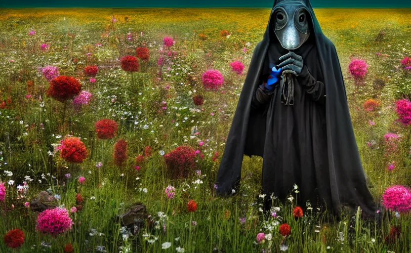 Prompt: a extremely disturbing old forgotten horror photograph of a plague doctor in a field of flowers, hyperrealism, sharp focus, highly detailed, horror cgi 4 k, matte, octane render, cinematography, photo by professional photographer